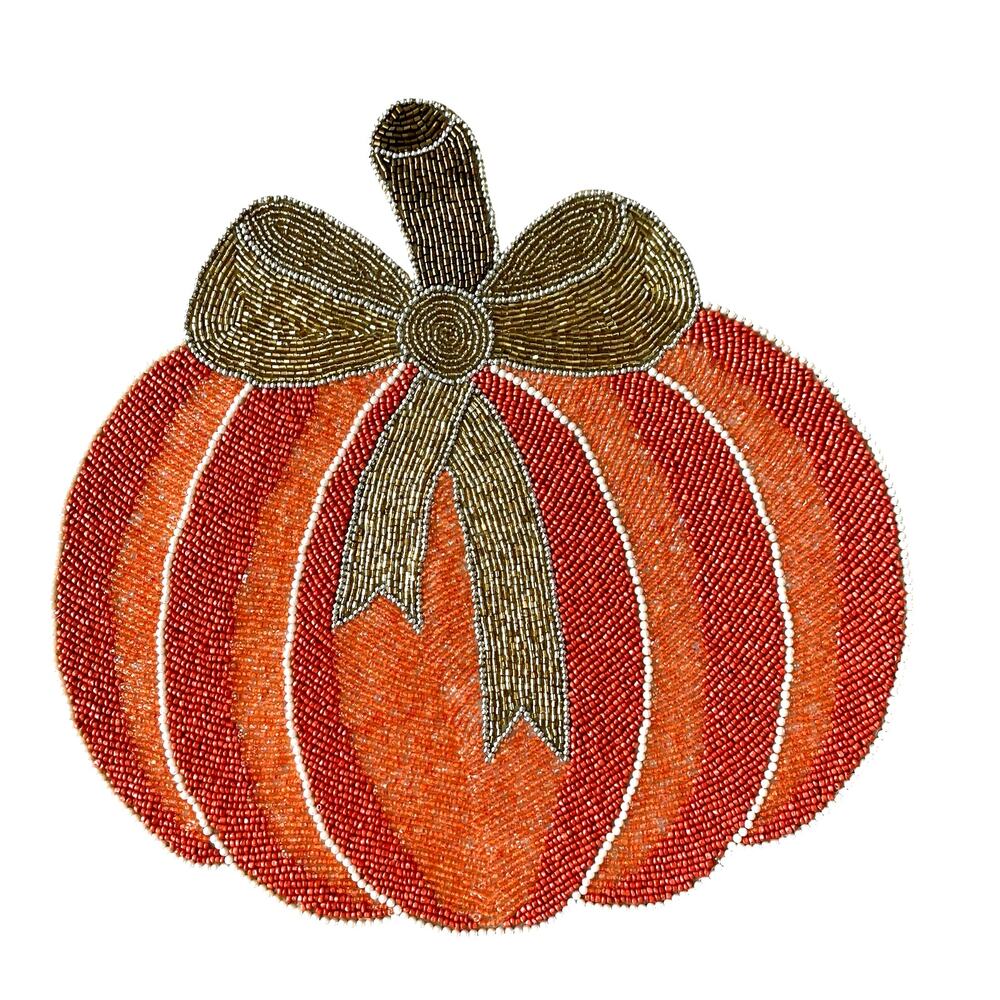 Tahari Pumpkin With Gold Bow Beaded Placemat 15in Designer Fall Decor New